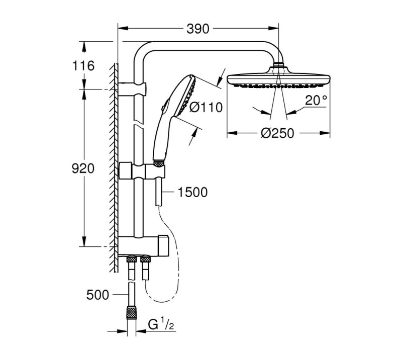 Душова система Grohe Tempesta System 250 Flex з перемикачем настінного монтажу (26675001)