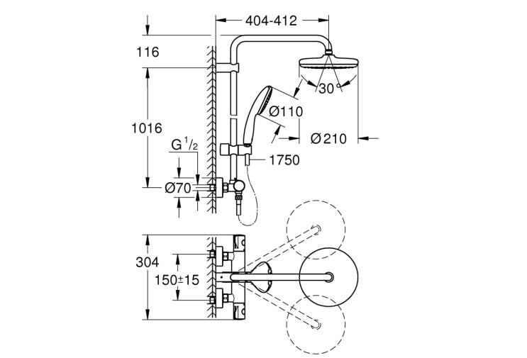 Душова система Grohe Tempesta System 210 з термостатом для настінного монтажу (26811001) 26811001