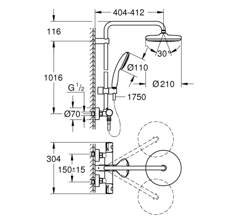 Душова система Grohe Tempesta System 210 з термостатом для настінного монтажу (26811001) Душова система Grohe Tempesta System 210 з термостатом для настінного монтажу (26811001)