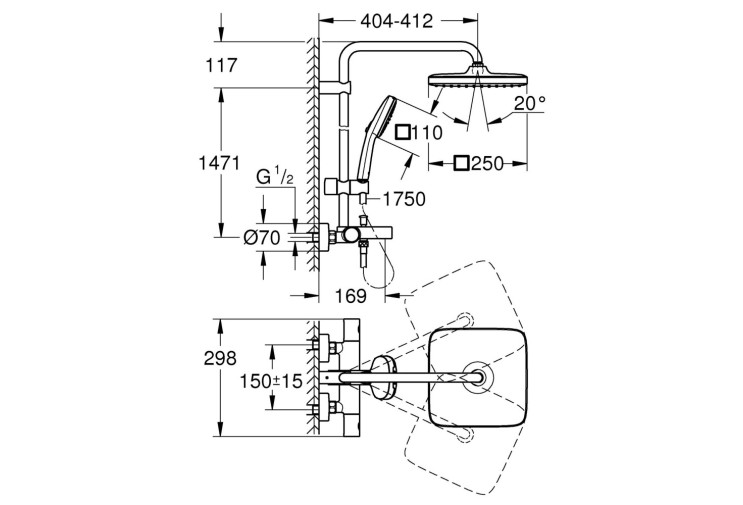 Душова система Grohe Tempesta System 250 Cube настінного монтажу з термостатом для ванни (266912431) 266912431