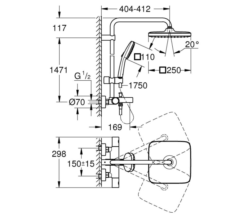 Душова система Grohe Tempesta System 250 Cube настінного монтажу з термостатом для ванни (266912431)