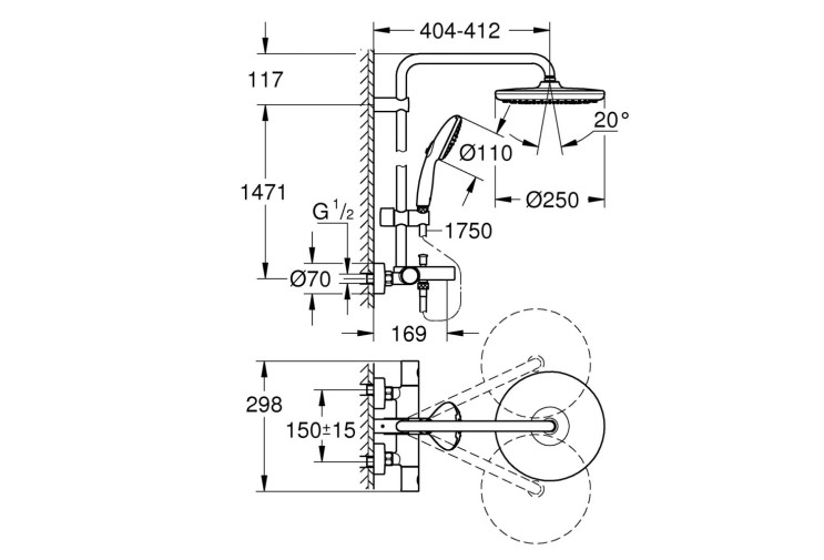 Душова система Grohe Tempesta System 250 з термостатом для ванни (266722431) 266722431