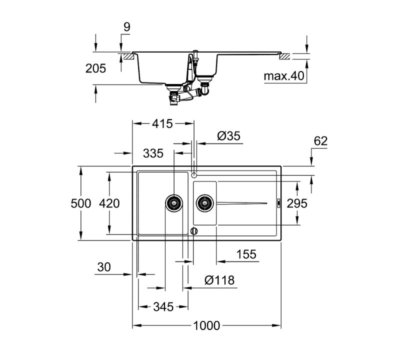 Мойка для кухни Grohe 1000х500 мм, Granite Black (31642ap0) Мойка для кухни Grohe 1000х500 мм, Granite Black (31642ap0)