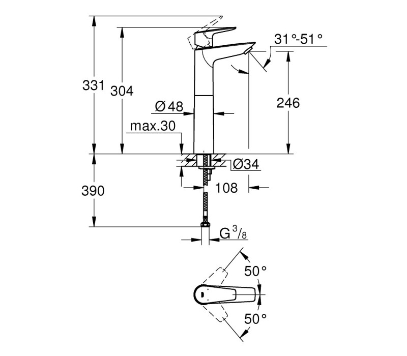 Змішувач одноважільний Grohe BauEdge New Для раковини XL-Size (23761001) Змішувач одноважільний Grohe BauEdge New Для раковини XL-Size (23761001)