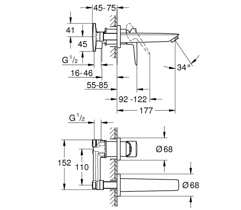 Змішувач для раковини Grohe BauLoop New на 2 отвори, настінний монтаж M-Size (20289001)