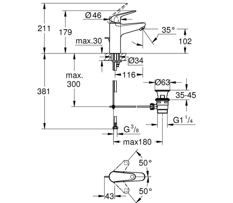 Змішувач одноважільний Grohe Euroeco для раковини M-Size (24265001)