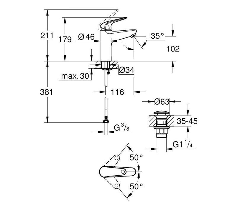 Змішувач одноважільний Grohe Euroeco для раковини M-Size (24267001)