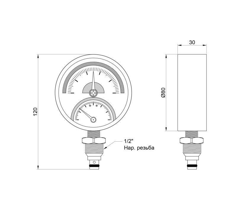 Термоманометр SD Plus 80 мм 1/2", нижнє підмикання SD17210B SD00021362